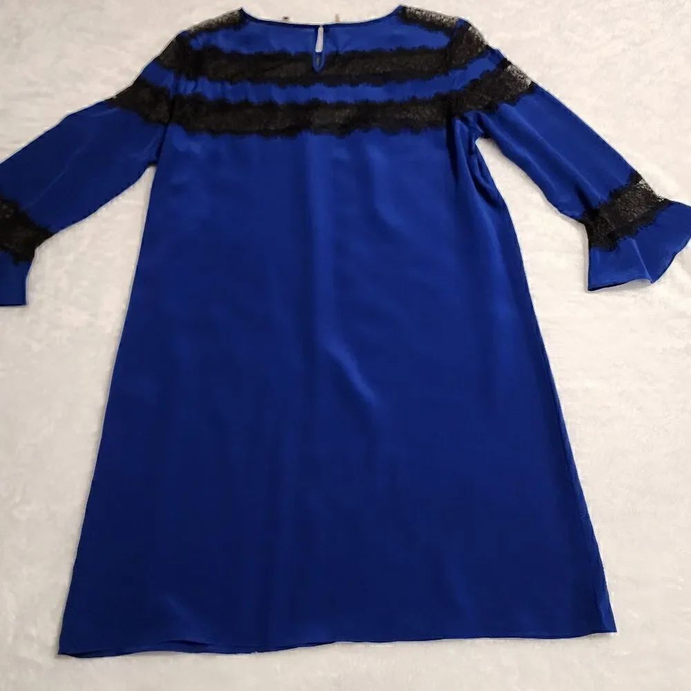 Rebecca Taylor Women Silk Royal Blue with Black Lace Trumpet Sleeve Dress Size 8 - Picture 5 of 12